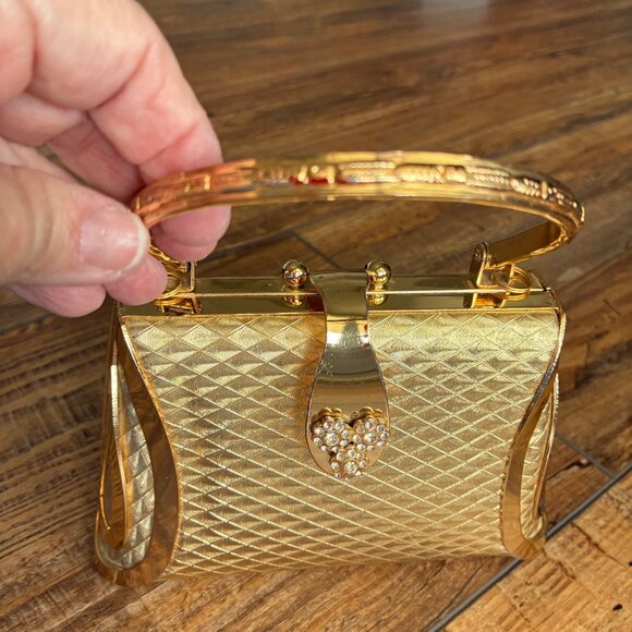 Vintage Sasha Gold Metal Box Clutch / Minaudière Top Handle Rhinestone Heart Y2K - Picture 10 of 10